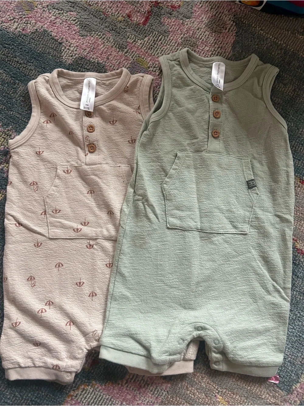 Soft Knit Sleeveless One-Piece Romper in Sage and Blush - Unbranded